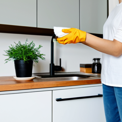 Home 11 A calm individual in a bright, minimalist, and eco-friendly home kitchen, fully clothed in modest, comfortable everyday attire. The person is gently wiping a wooden countertop with a cloth, with a homemade cleaning solution bottle visible in the background. A small, healthy potted plant adds a touch of nature. The scene conveys a sense of tidiness and mindful living. Professional photography, soft lighting, sharp focus, vibrant colors, clean aesthetic, safe for work, appropriate content, fully clothed, modest, perfect anatomy, correct proportions, natural pose, well-formed hands, proper finger count, natural body proportions.
