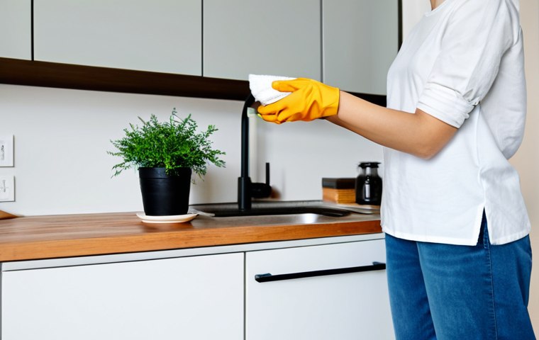 A calm individual in a bright, minimalist, and eco-friendly home kitchen, fully clothed in modest, comfortable everyday attire. The person is gently wiping a wooden countertop with a cloth, with a homemade cleaning solution bottle visible in the background. A small, healthy potted plant adds a touch of nature. The scene conveys a sense of tidiness and mindful living. Professional photography, soft lighting, sharp focus, vibrant colors, clean aesthetic, safe for work, appropriate content, fully clothed, modest, perfect anatomy, correct proportions, natural pose, well-formed hands, proper finger count, natural body proportions.