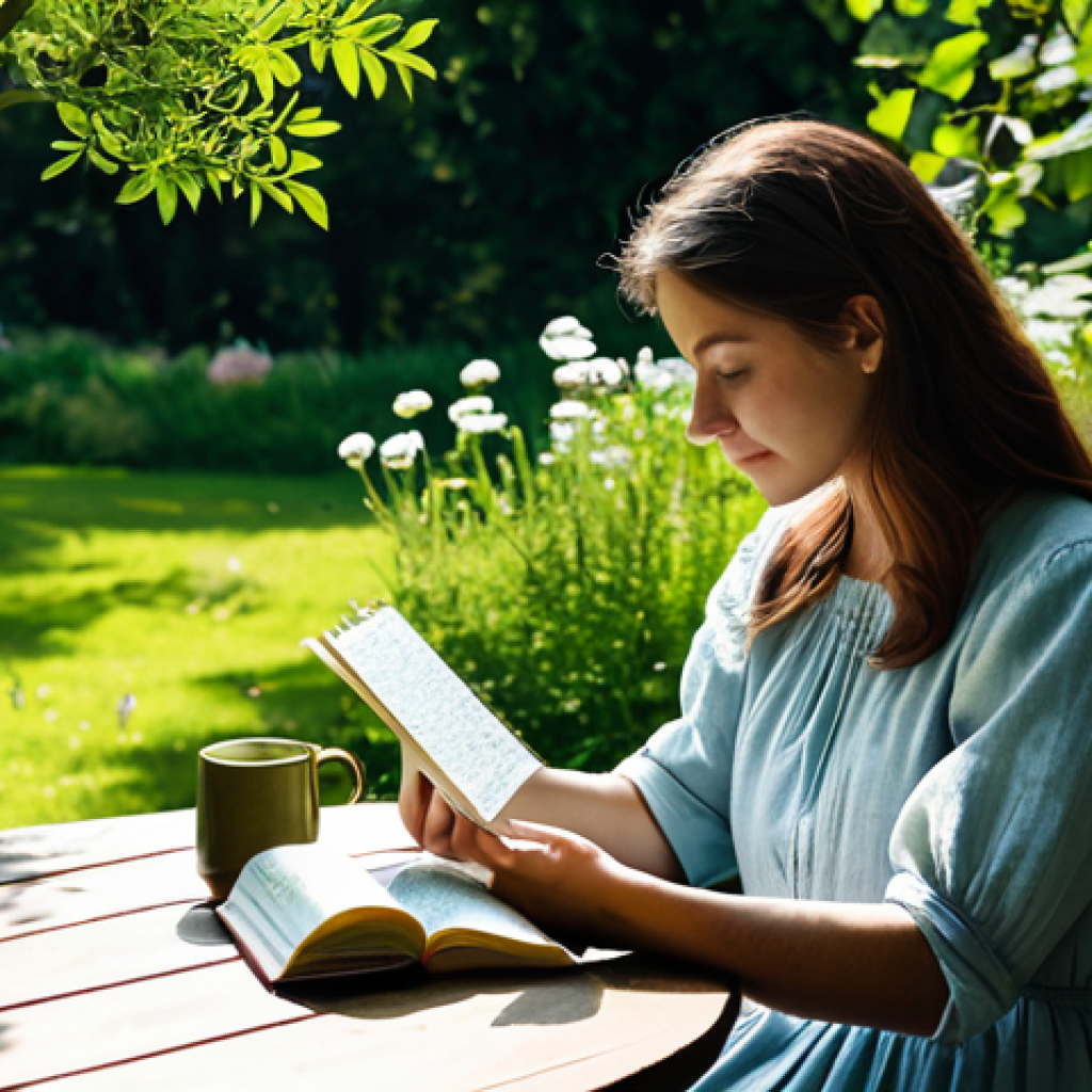 **

A woman sitting at a wooden table in a sunlit garden, a cup of herbal tea beside her. She is fully clothed in a comfortable linen dress, gazing thoughtfully at a handwritten journal. No phone is visible. In the background, leafy trees and blooming flowers create a peaceful atmosphere. Safe for work, appropriate content, fully clothed, modest, natural proportions, professional photography, serene scene.

**