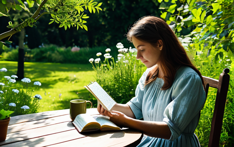 **

A woman sitting at a wooden table in a sunlit garden, a cup of herbal tea beside her. She is fully clothed in a comfortable linen dress, gazing thoughtfully at a handwritten journal. No phone is visible. In the background, leafy trees and blooming flowers create a peaceful atmosphere. Safe for work, appropriate content, fully clothed, modest, natural proportions, professional photography, serene scene.

**