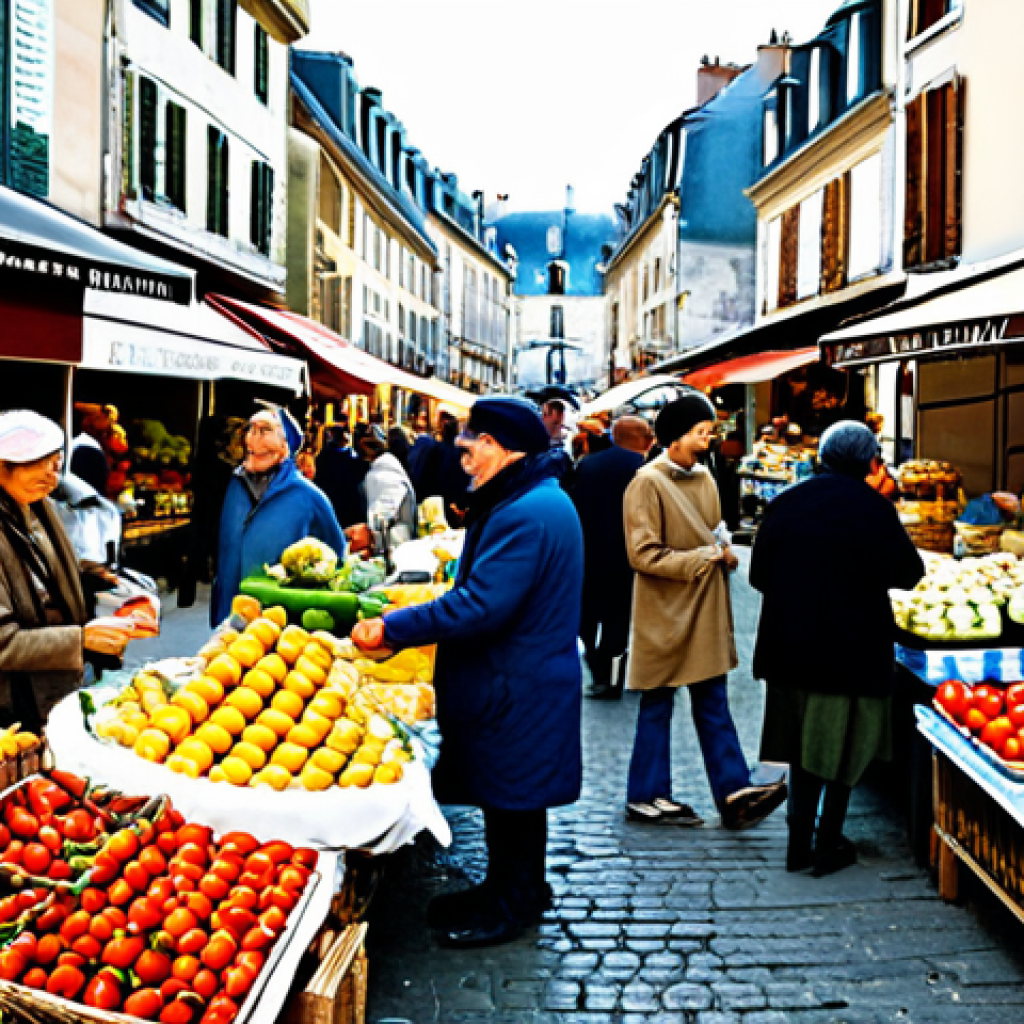 슬로우 라이프와 지역 경제의 관계 - Local Market Scene**

"A vibrant and bustling French market scene, filled with stalls of fresh produ...