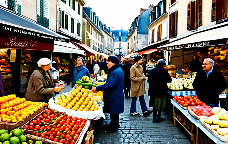 슬로우 라이프와 지역 경제의 관계 - Local Market Scene**

"A vibrant and bustling French market scene, filled with stalls of fresh produ...