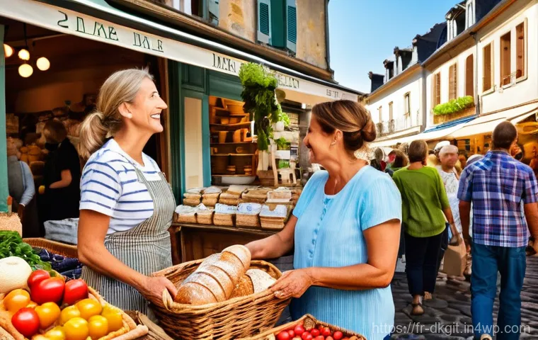 디지털 슬로우 라이프를 위한 지역 사회 참여 - **A Vibrant French Village Market Scene**
A wide shot of a bustling yet unhurried outdoor market...