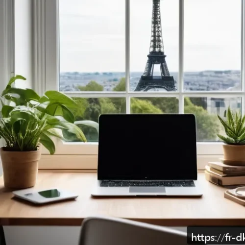 Home 30 슬로우 라이프를 위한 소셜 미디어 활용법 - A cozy French home office scene with a young adult sitting at a wooden desk by a window, wearing cas...