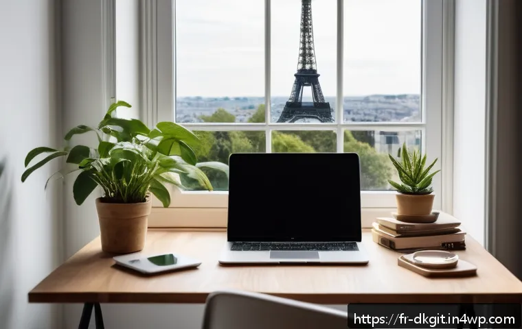 슬로우 라이프를 위한 소셜 미디어 활용법 - A cozy French home office scene with a young adult sitting at a wooden desk by a window, wearing cas...